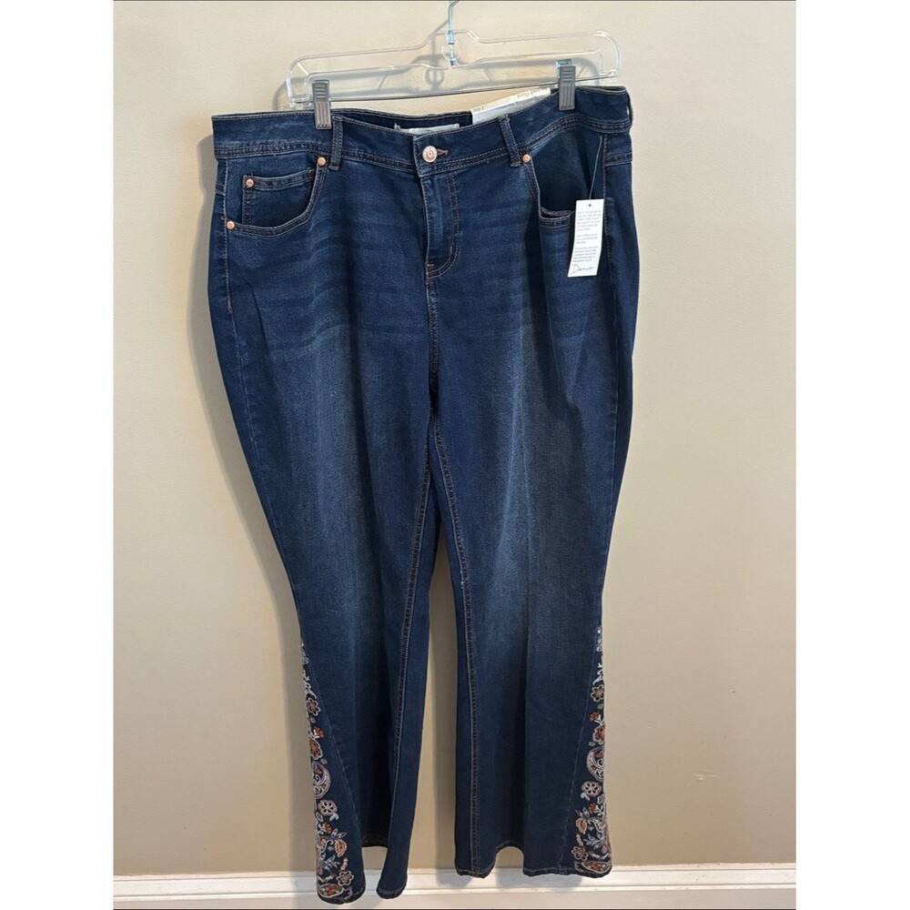 NEW Cato Hi Rise Flare Dark Blue Embroidered Jeans 16w